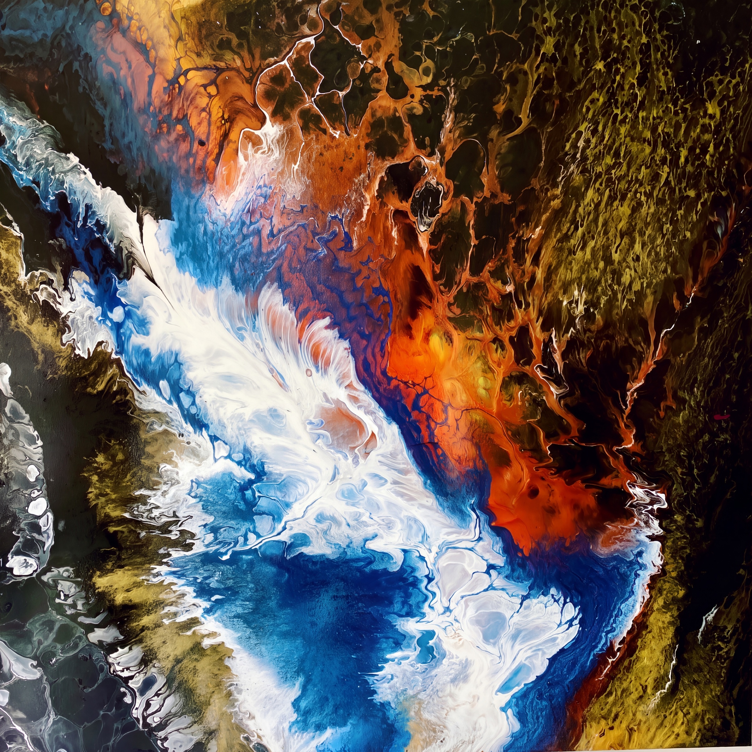 Abstract Current — resin painting with flowing blue, white, copper and gold