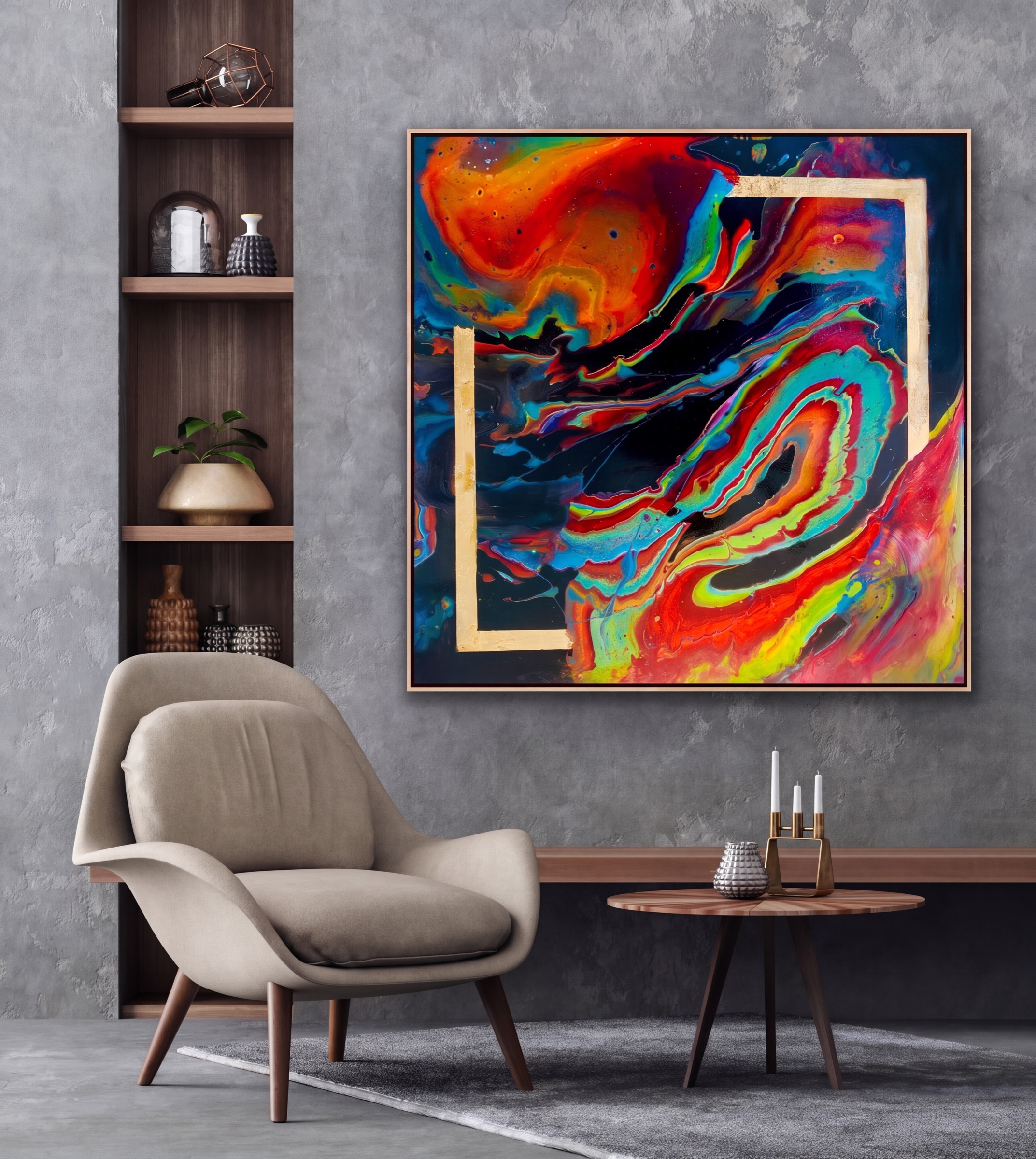 Resin painting in orange, blue and pink with a gold-leaf rectangle