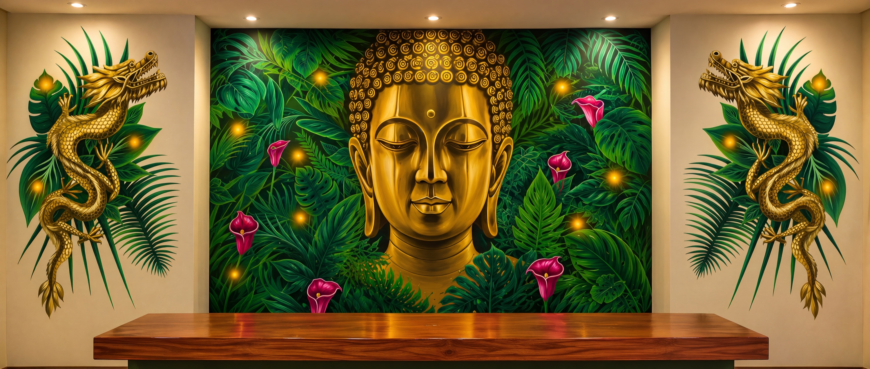 Buddha — golden Buddha mural with sculpted dragons and jungle foliage, Toronto, Canada