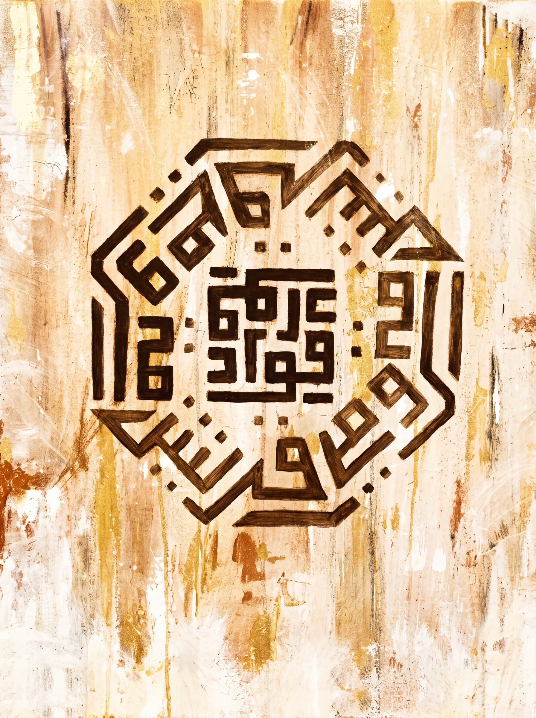 Square Kufic Arabic calligraphy in dark brown on a distressed cream and gold ground