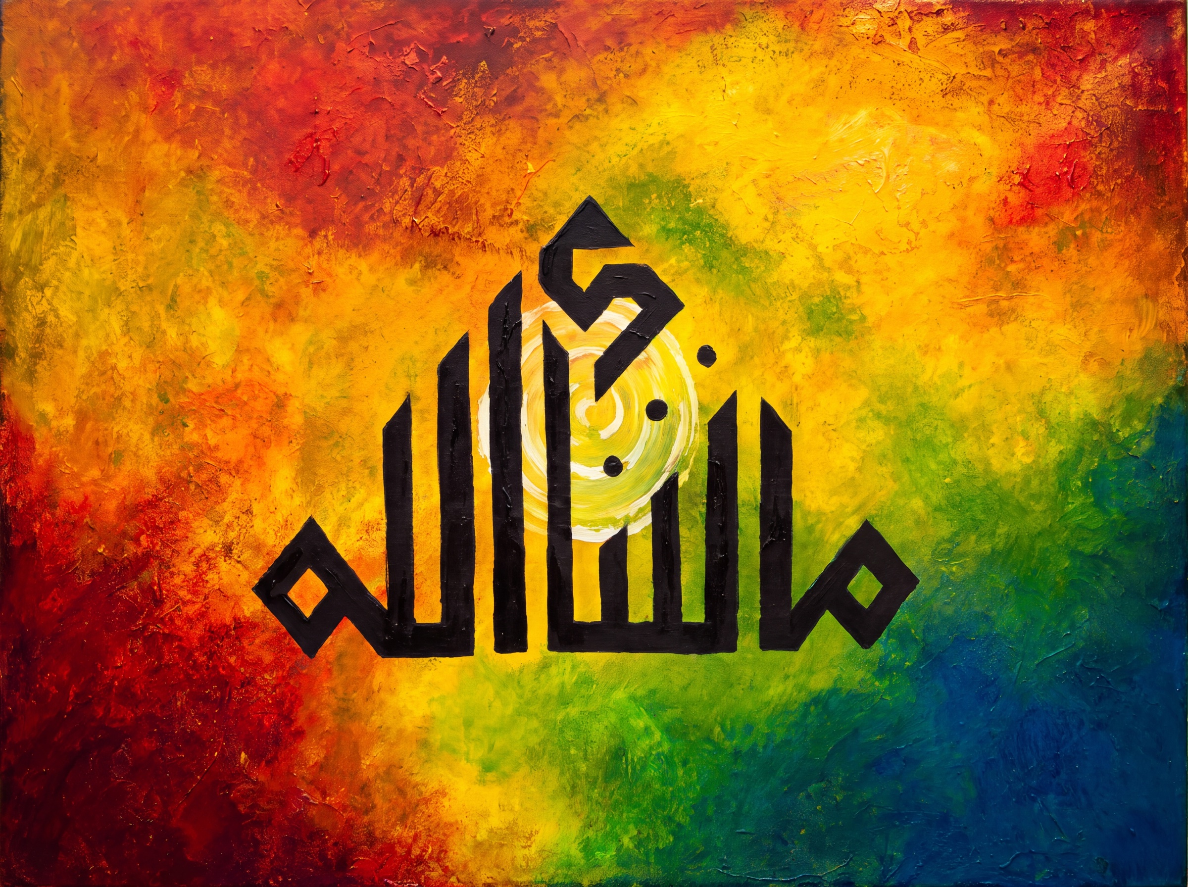 Mashallah — square Kufic Arabic calligraphy on a red, yellow, green and blue ground
