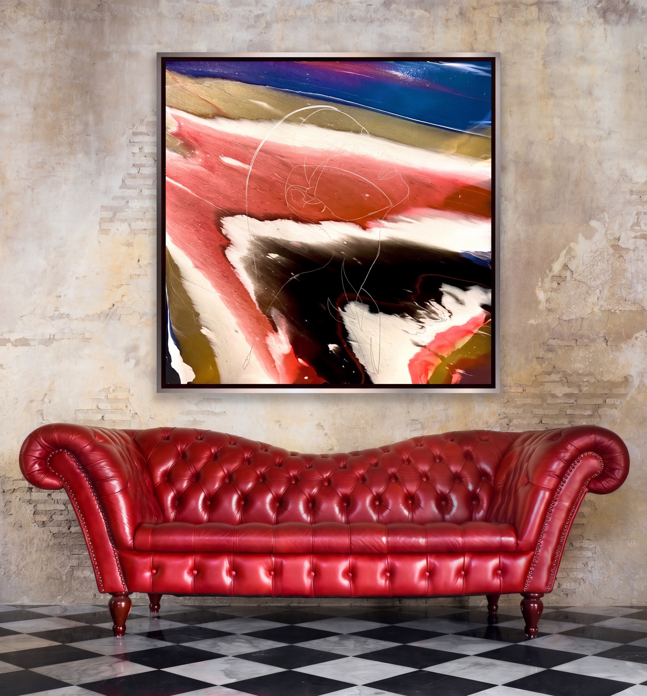 Red, white and blue fluid abstract above a leather sofa