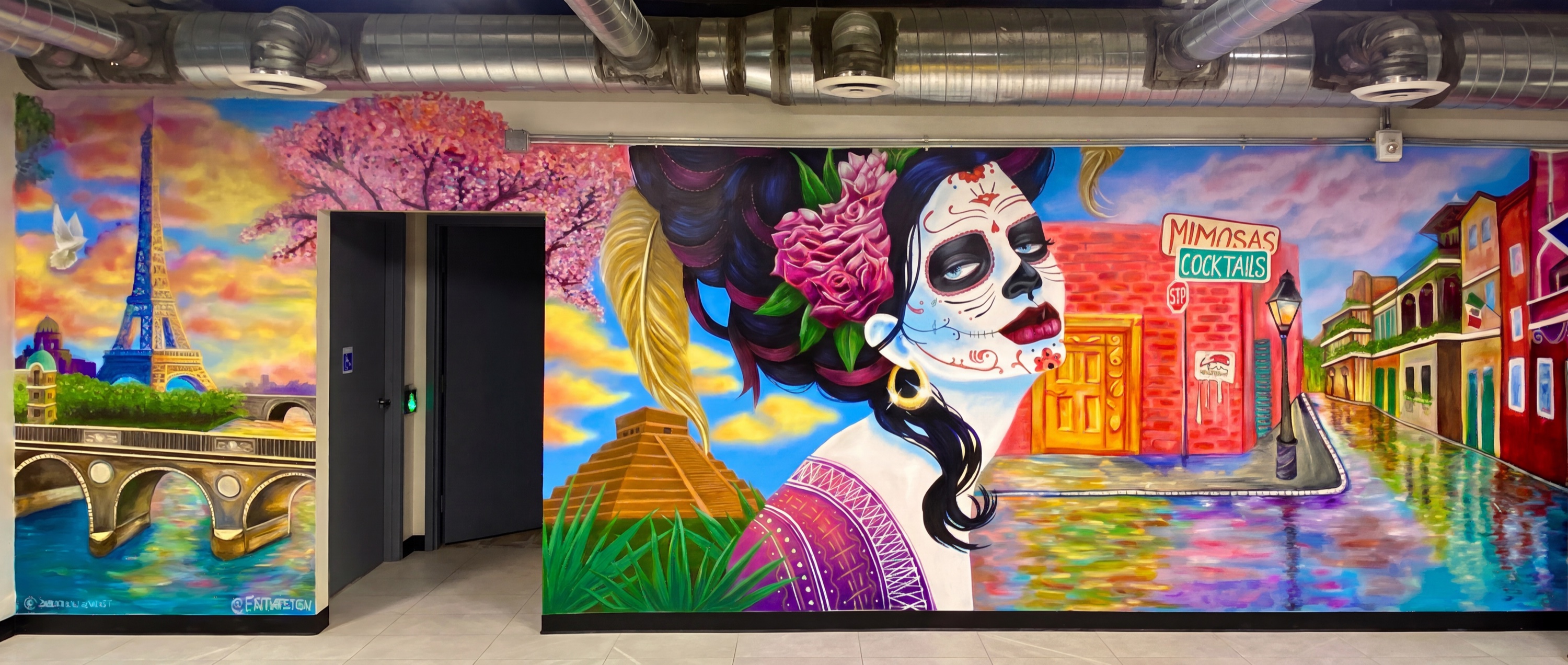 Huevos Gourmet — panoramic restaurant mural blending Paris, a Catrina portrait and a Mexican street, Toronto, Canada