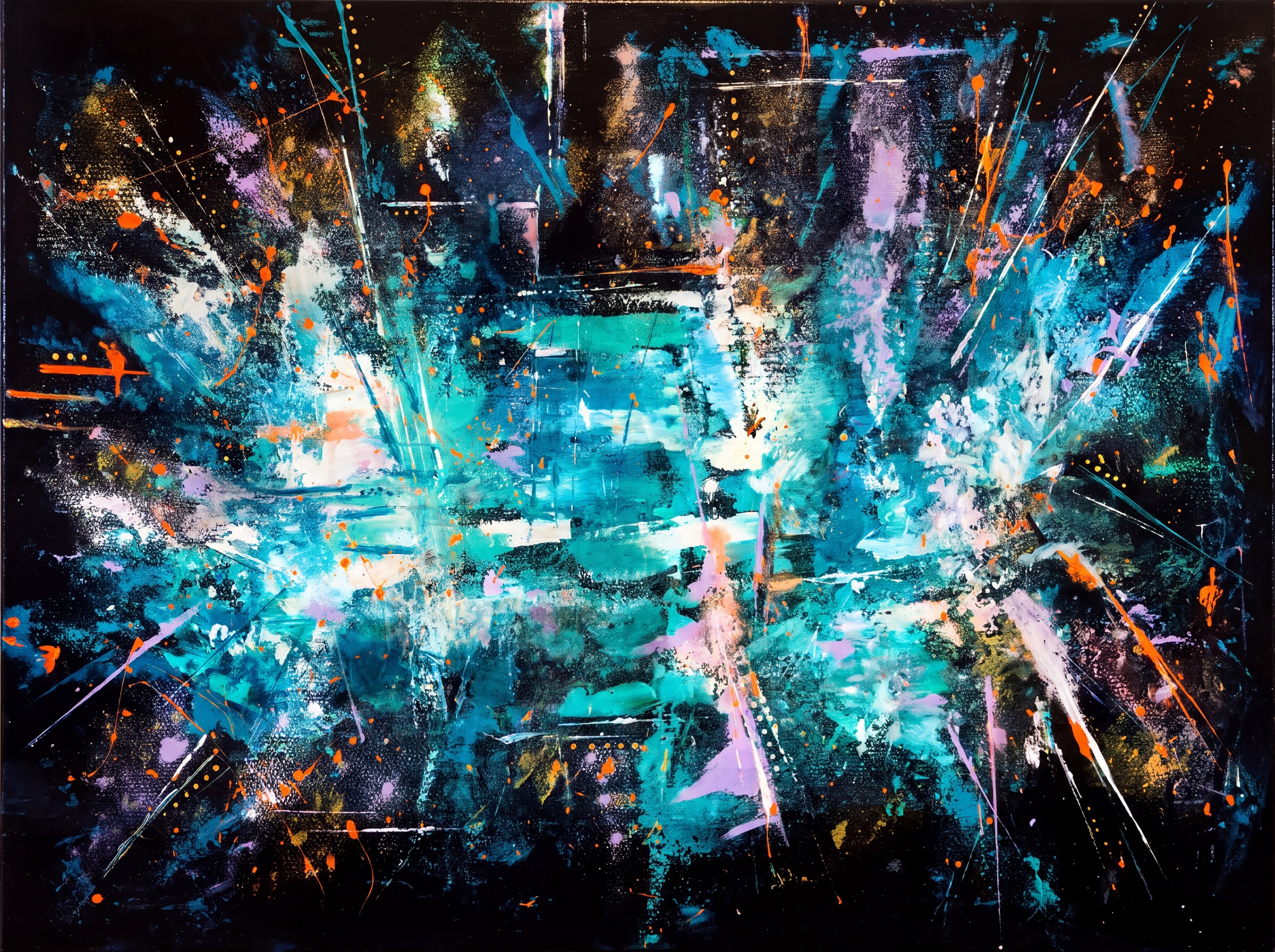 Teal Burst — abstract explosion of teal, white and orange on black