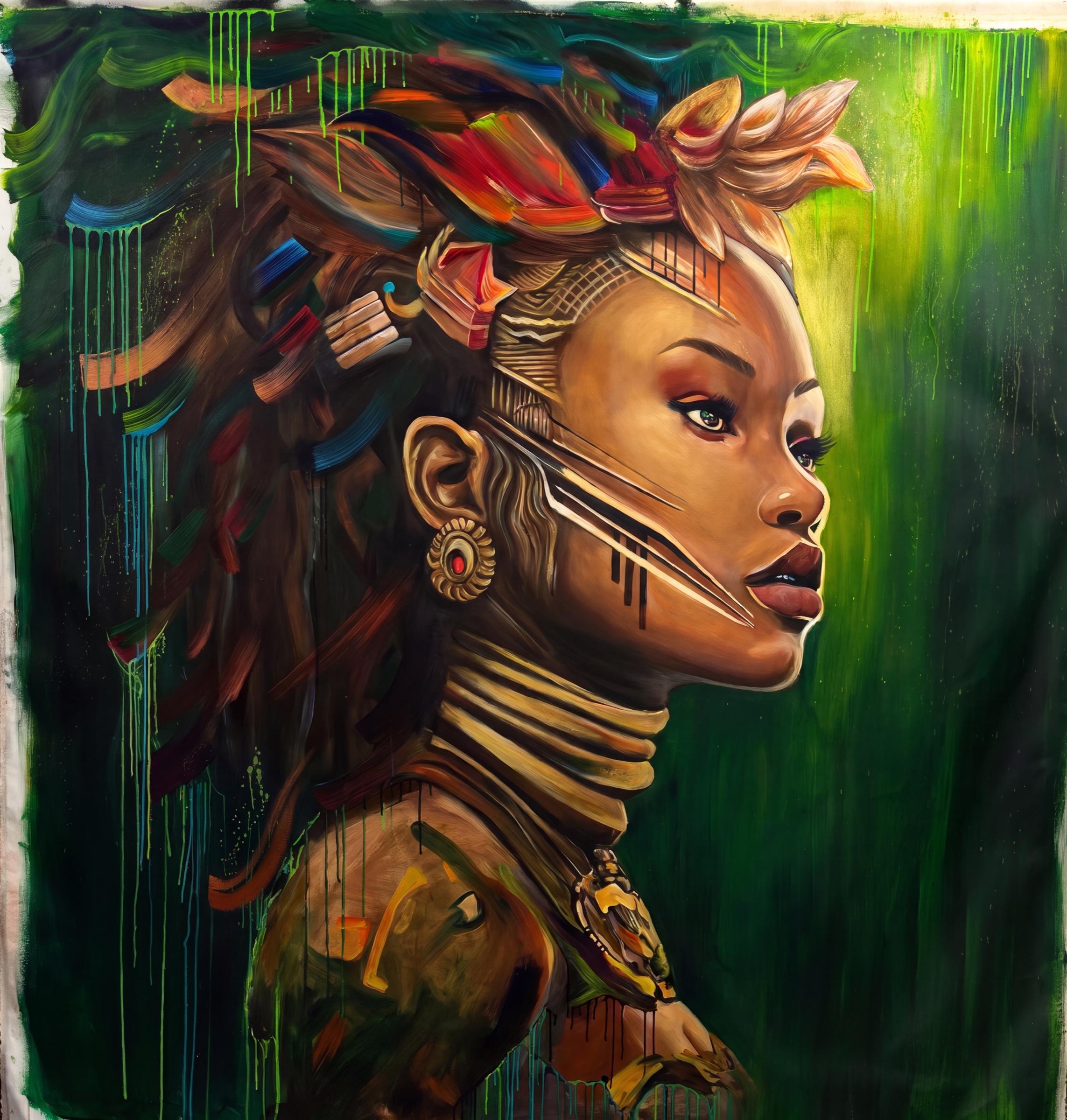 Warrior — portrait of a woman with gold armour and feathers on green