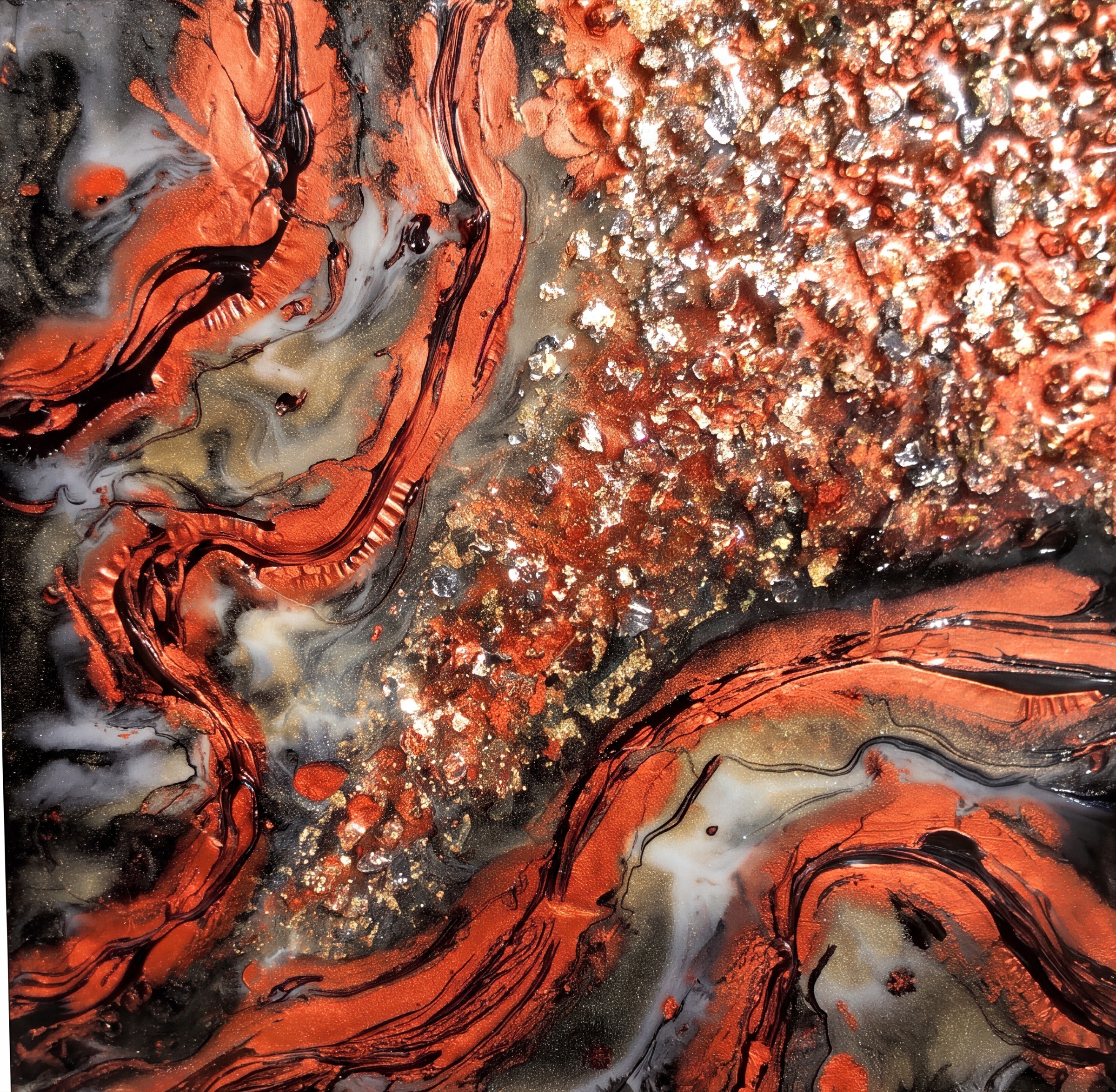 Resin artwork with flowing copper and silver textured bands