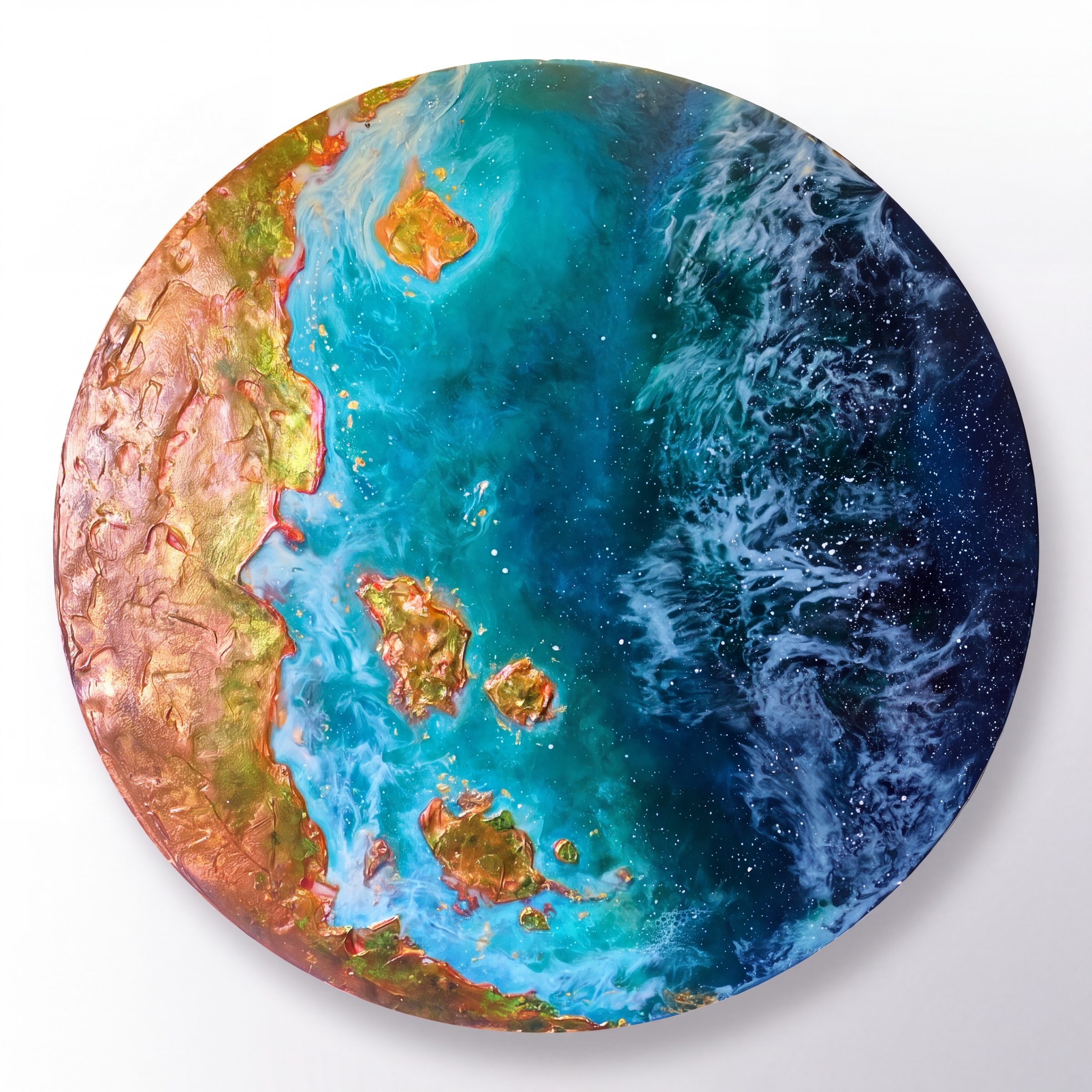 Round resin artwork of ocean water meeting a copper shore with gold islands