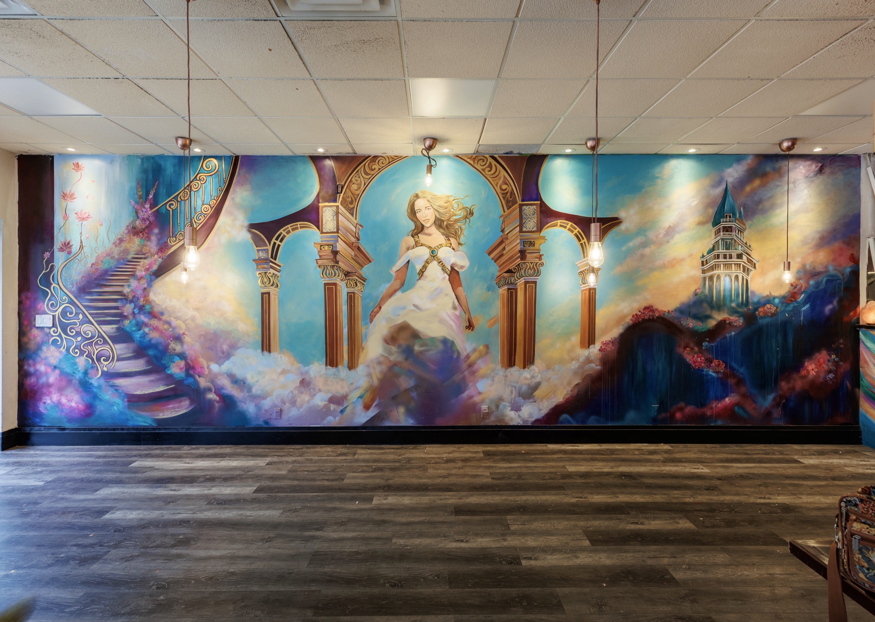 Stairway to Heaven — Renaissance-inspired mural with a winged figure, arches and clouds, Toronto, Canada