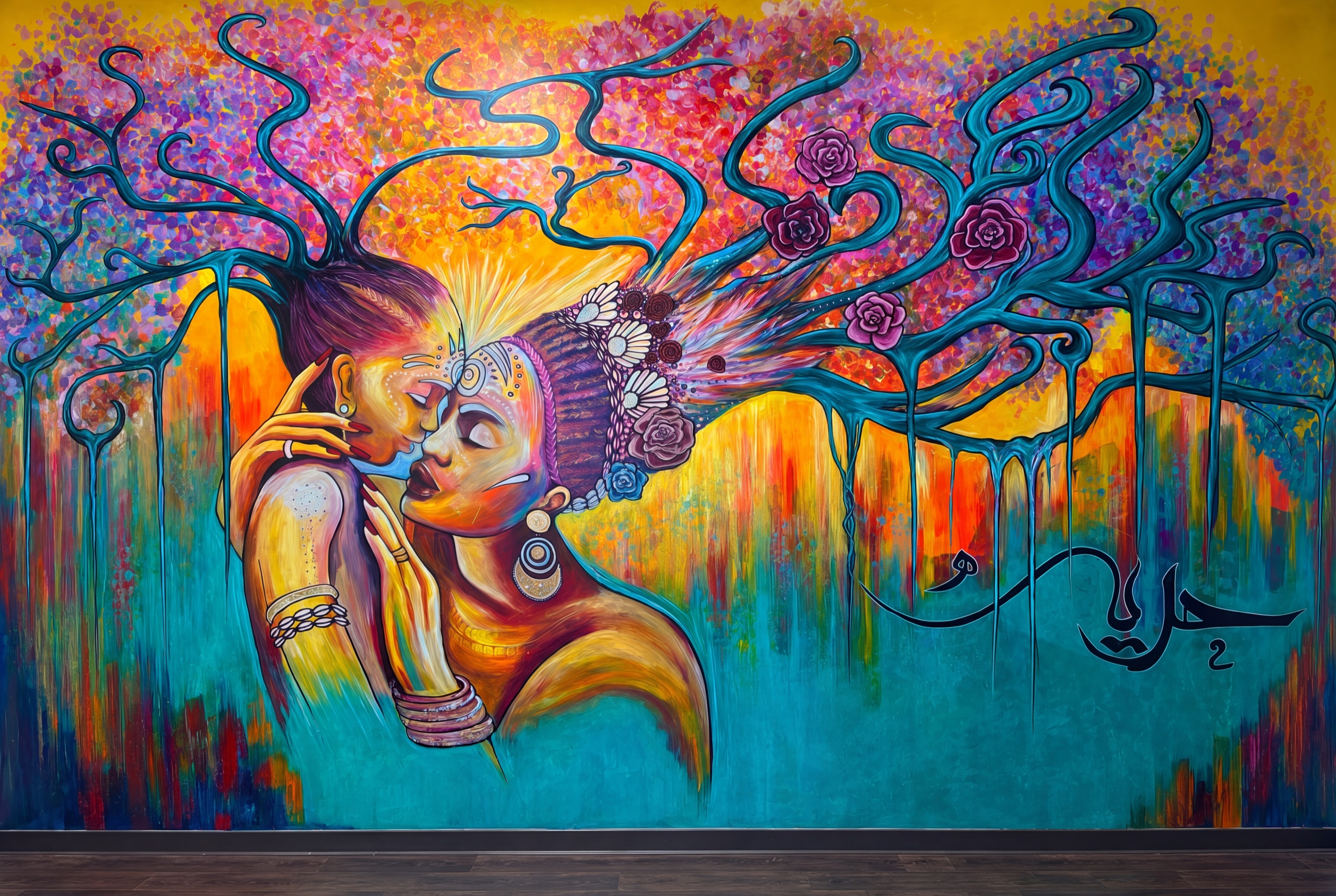 Tree of Life — mural of two lovers beneath a flowering tree with Arabic calligraphy, Brooklyn, New York