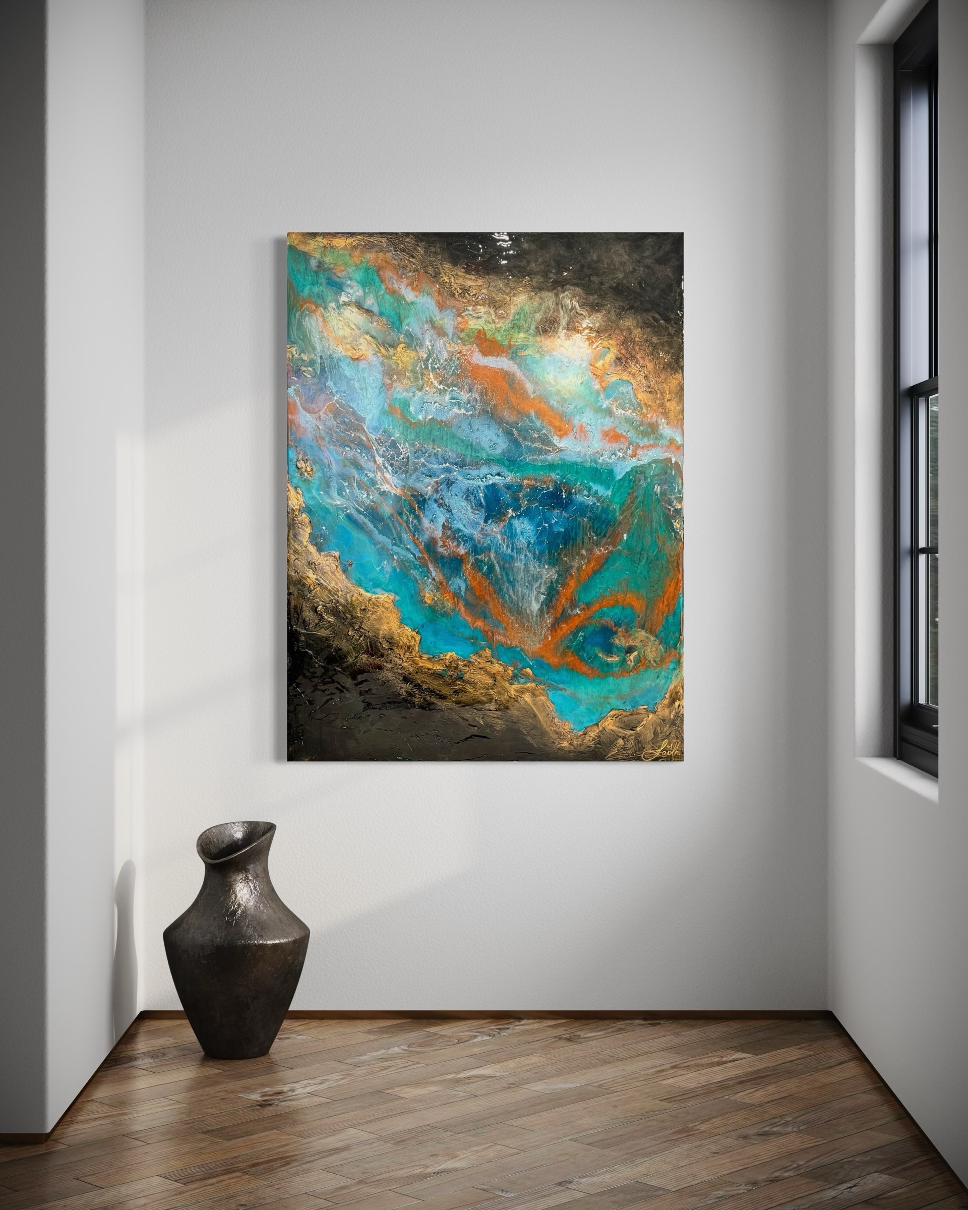 Visualisation of a resin artwork in a minimalist hallway