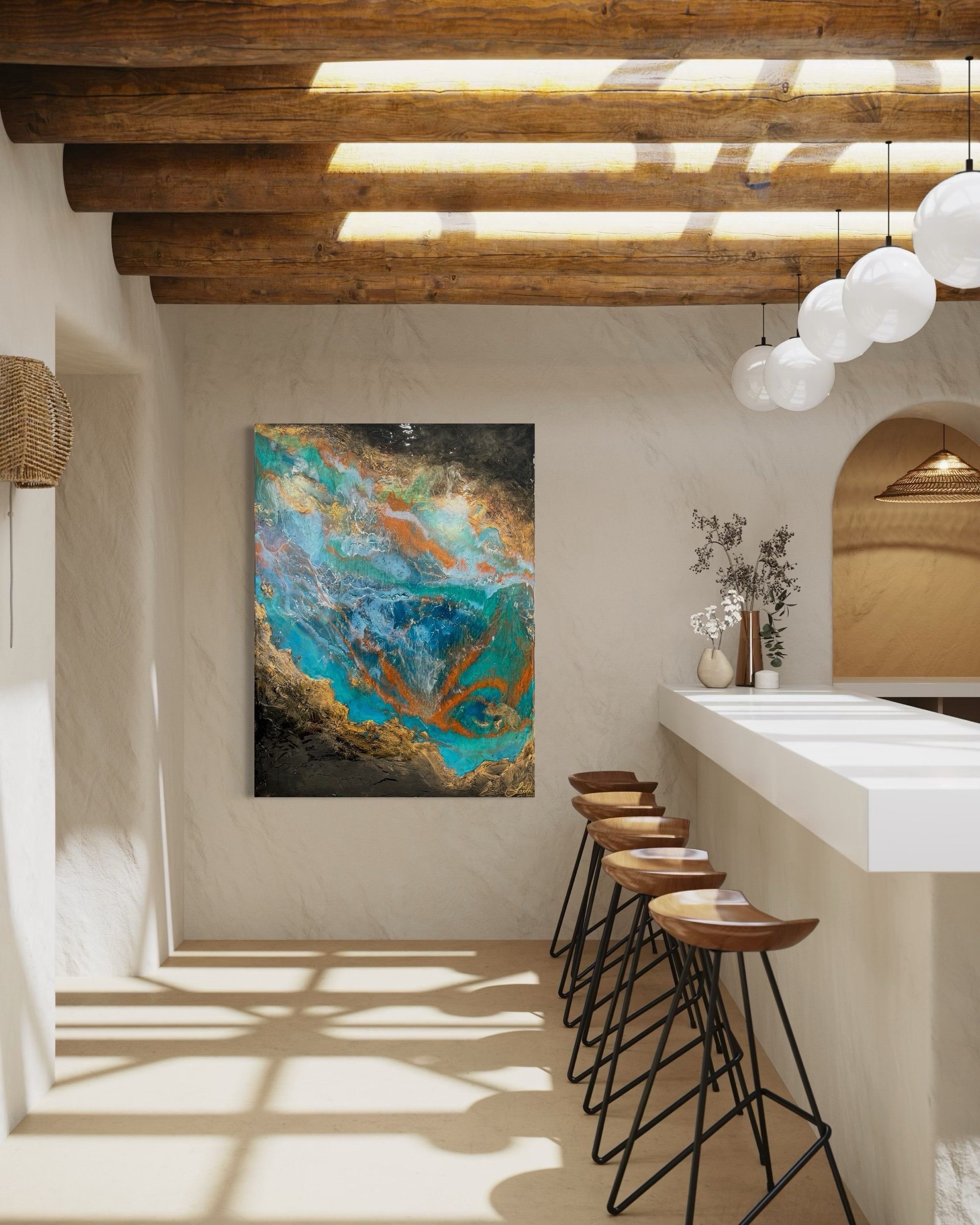 Visualisation of a resin artwork in a sunlit kitchen