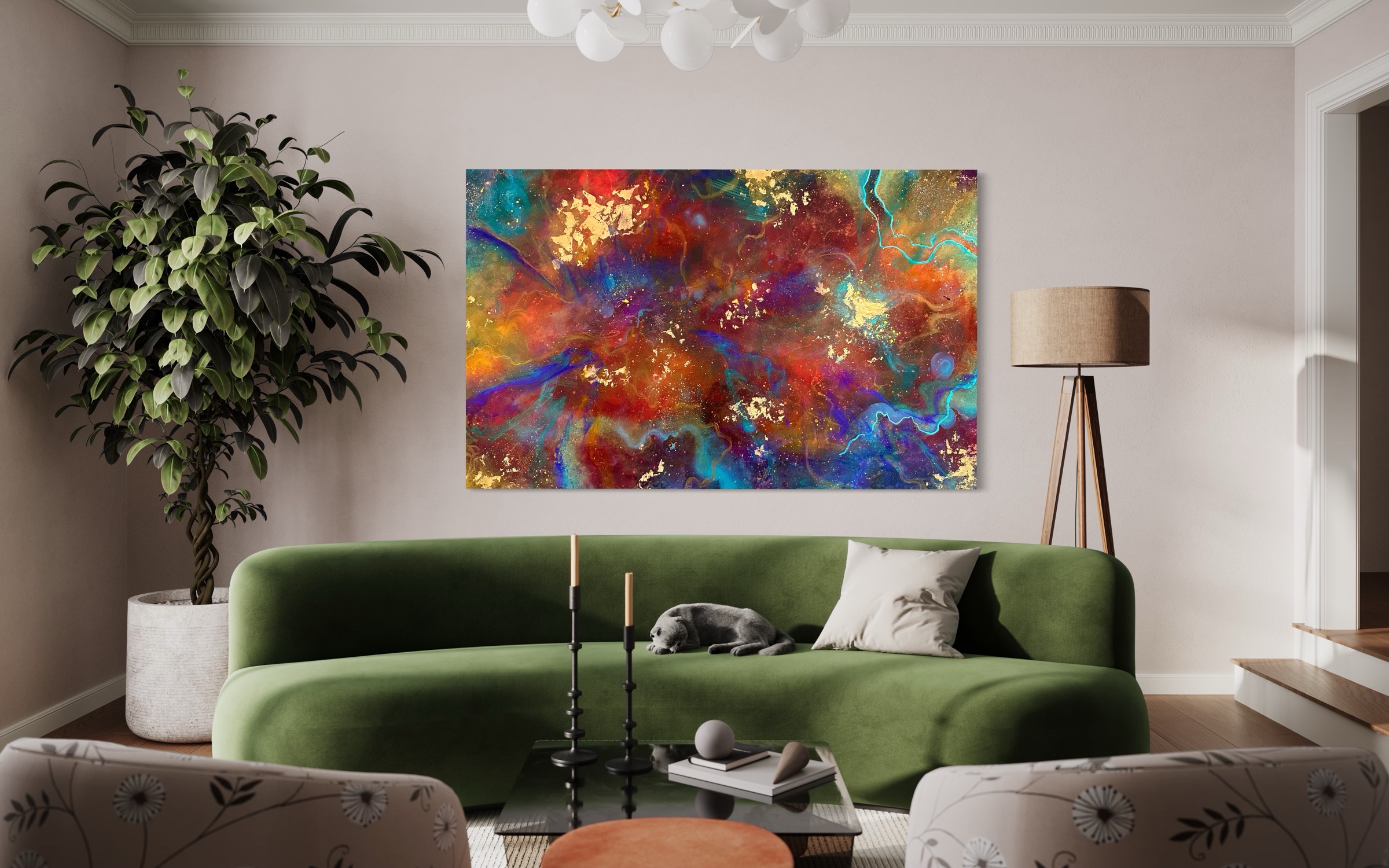 Visualisation of Faith's abstract painting above a green sofa in a modern living room